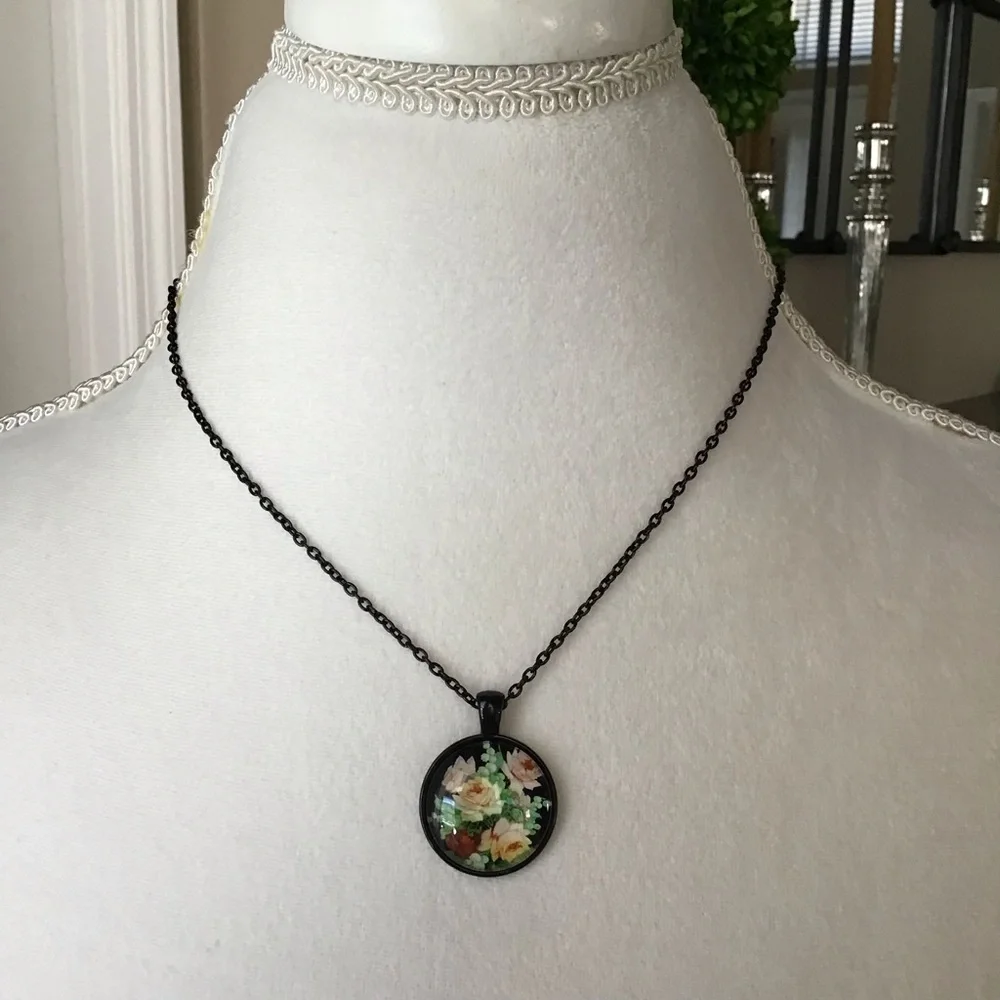Black Floral Cabochon Pendant Necklace Romantic Cottagecore 18” Rose Slider NEW